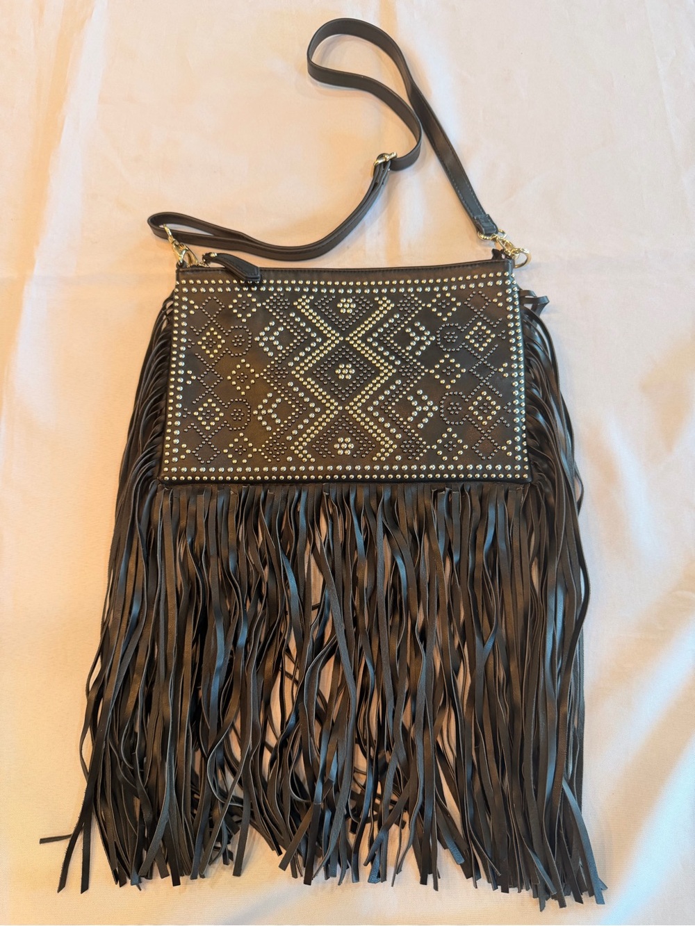 Imoshion Black Fringe Leather Crossbody with Studded Geometric Design